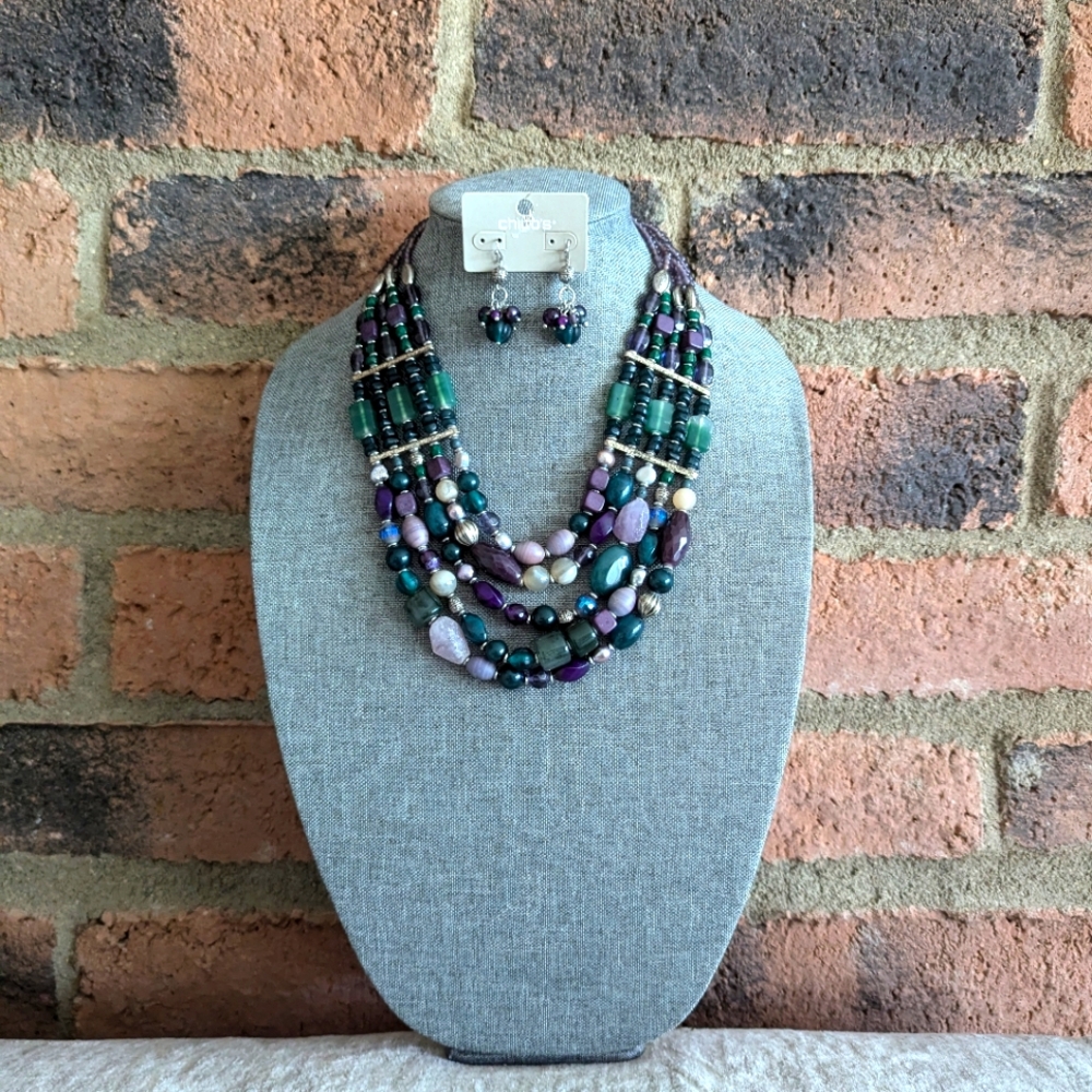 Chico's Green and Purple Multi-Strand Beaded Necklace and Earring Set